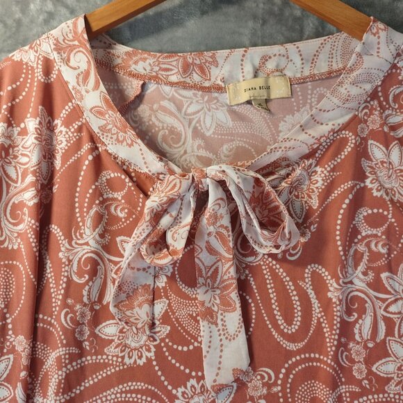 Diana Belle Womens XL Rust Red White Floral Bow Neck Blouse Boho Cottagecore - Picture 3 of 10